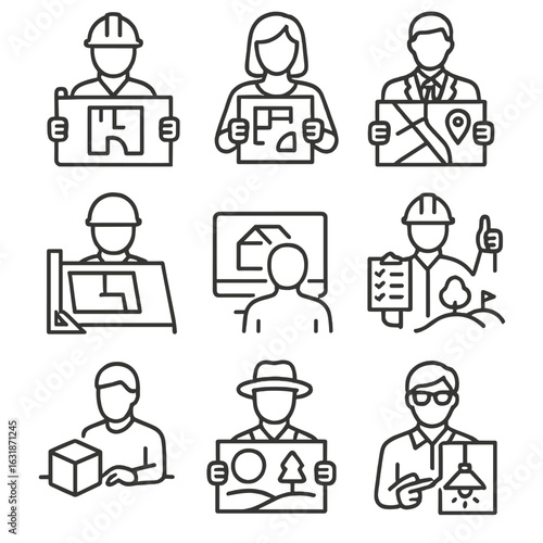 Architectural Line Icons. Line style icons of architecture and design: architect with blueprint, interior designer with plan,
