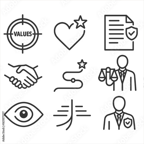 Values Leadership Icons. Line style icons of values-based leadership: compass with values icon, star over heart, ethics document,