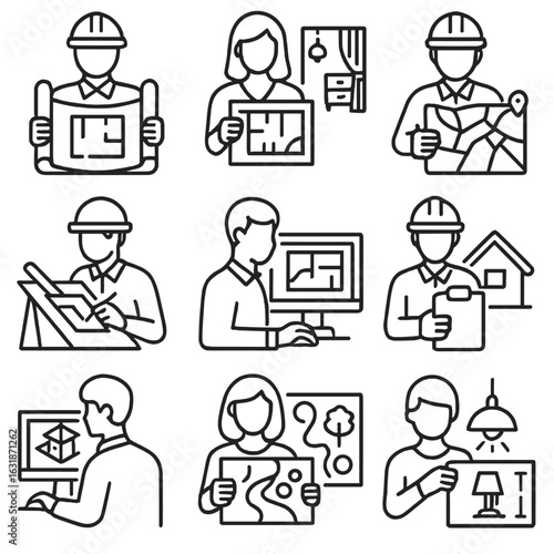 Architectural Line Icons. Line style icons of architecture and design: architect with blueprint, interior designer with plan,