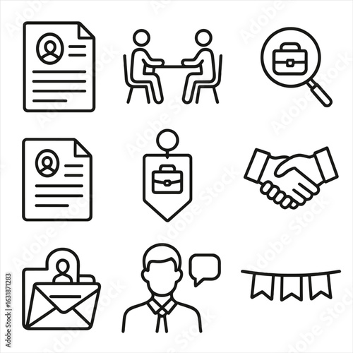 Job Application Icons. Line style icons of job application and recruitment: resume document icon, interview scene, job search