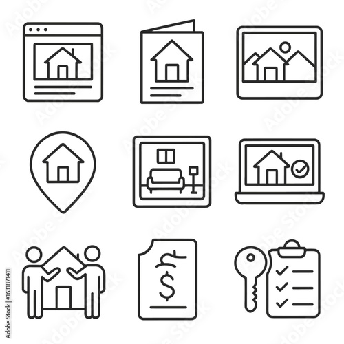 Real Estate Icons. Line style icons of real estate marketing visuals: home listing icon, brochure page with house, photo tour icon