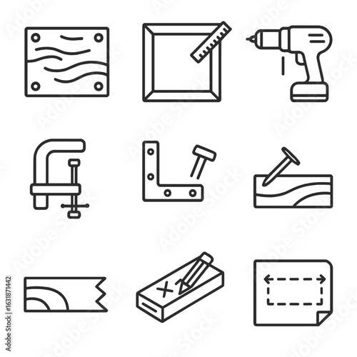 DIY Project Icons. Line style icons of DIY project frames: plywood with screws, frame and ruler icon, drill on wood, clamp holding