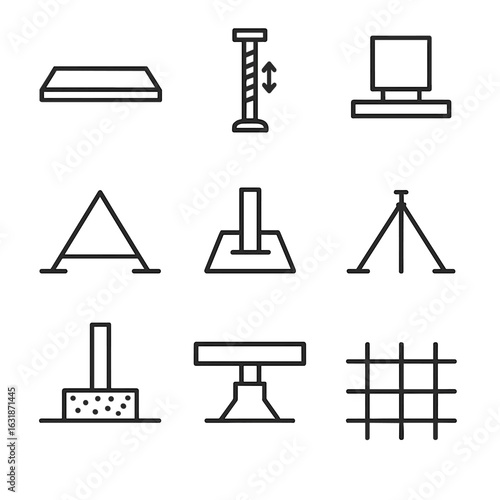 Platform Base Icons. Line style icons of ground and base configurations: flat panel platform, adjustable leg icon, block on base
