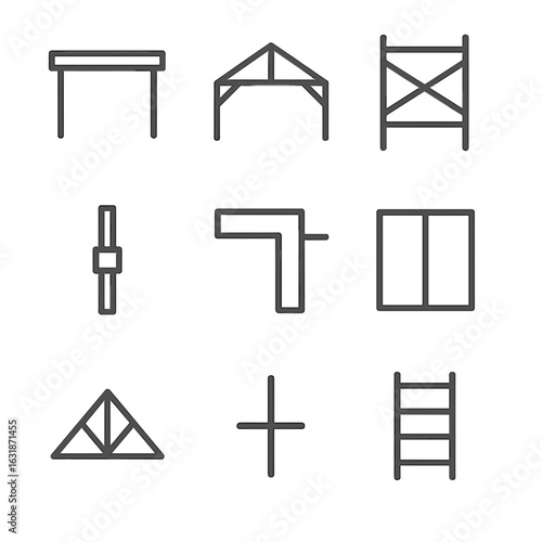 Minimal Frame Icons. Line style icons of minimal frame constructions: flat roof frame, open beam structure, scaffold outline,