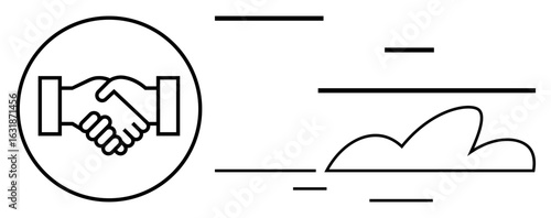 Handshake enclosed in a circular frame, representing partnership or agreement. Minimalistic linear cloud conveys speed, innovation, and connectivity. Ideal for business, partnership, teamwork, trust