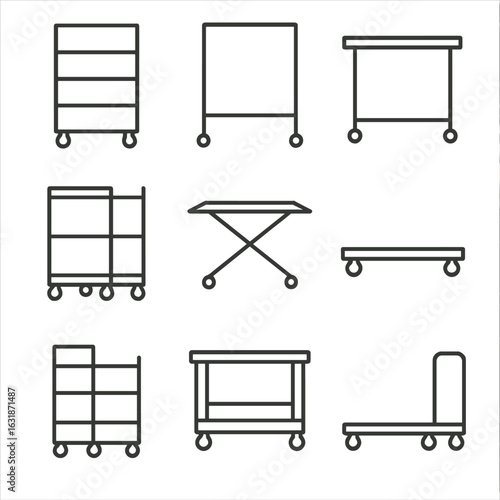 Mobile Unit Icons. Line style icons of mobile structural units: wheeled rack icon, movable screen divider, rolling table frame,