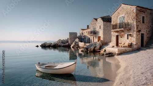 Coastal Serenity: A Picturesque Village Scene with Tranquil Waters and Stone Houses