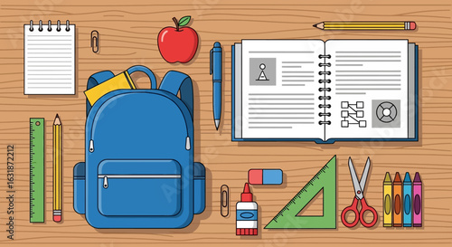 Back to school concept with a student's backpack and stationery essentials on a wooden desk.