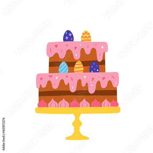 Multilayer chocolate cake with decorated eggs for Easter celebration  