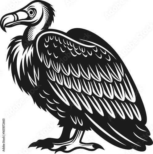 Black and white vulture illustration detailed scavenger bird side view with feathers, predatory beak, wild avian animal art