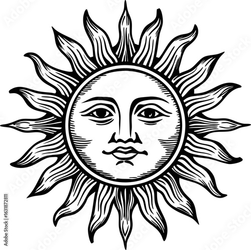 Vintage sun illustration with human face, detailed rays, and ornamental lines celestial design, antique engraving aesthetic