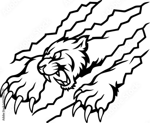 Ferocious wildcat clawing through surface, aggressive animal attack, roaring feline energy, dynamic line art illustration