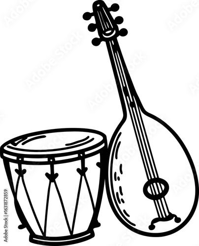 Hand drawn illustration of traditional drum and stringed instrument musical ensemble, folk music, rhythm, melody, cultural concept
