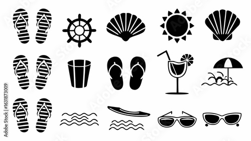 Illustration depicting beach themed icons including flip flops, seashell, and drink, all in black silhouette