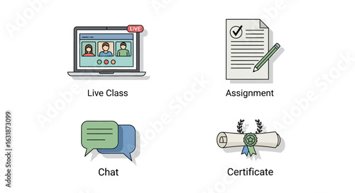E-learning and online education icon set with live class, assignment, chat, and certificate symbols.