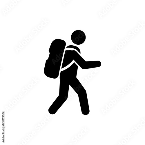 Hiking Man with Bag Black Filled Icon for Outdoor Exploration, Nature Trekking, Trail Adventure, Hiking Activity, Backcountry Travel