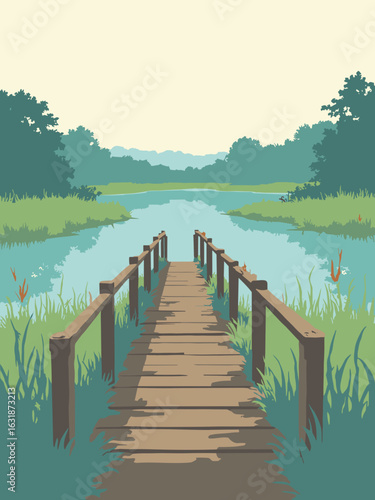 Rushden – Rushden Lakes boardwalk and wildlife reserve in lake teal, boardwalk brown, marsh green, and sky white