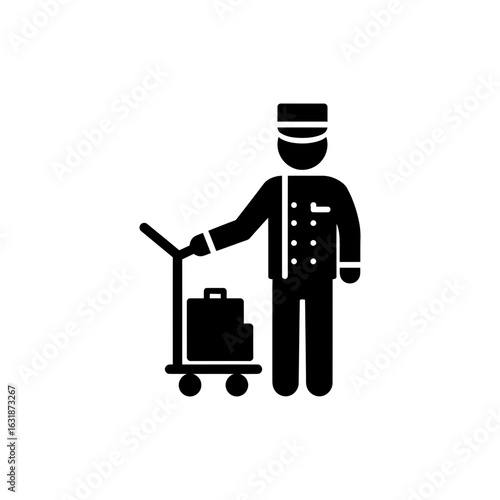 Black filled icon of hotel bellhop with luggage cart for hospitality and guest service apps