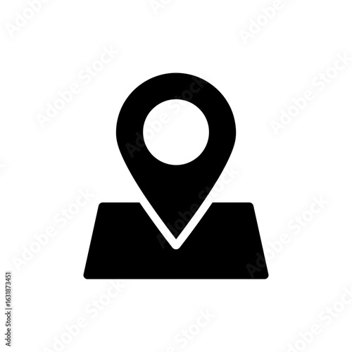 Black filled icon of location pin on photo for geotagging and travel memories