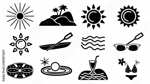 Collection of summer themed icons including sun, island, waves, boat, drink, sunglasses and swimwear isolated silhouette