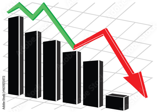 Economic downturn illustrated by a bar chart with decreasing values and a red arrow signifying losses.