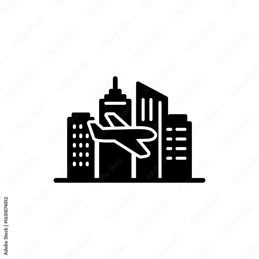 Obraz premium Airplane Flying Over City Buildings Icon, Urban Travel, International Flights, Airport, Aviation, Travel Illustration