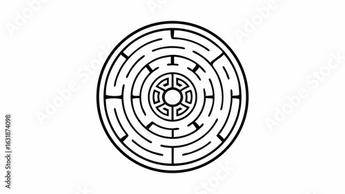 Vector Circular labyrinth design featuring intricate monoline patterns, inviting exploration