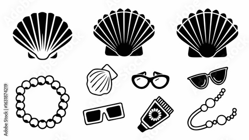 Illustration showing three seashells, two necklaces, three sunglasses and a sunscreen tube on white background silhouette