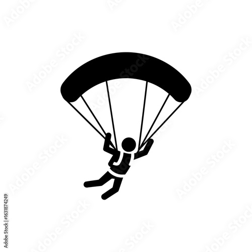 Black filled icon of skydiver in descent for extreme sports and aerial adventure activities