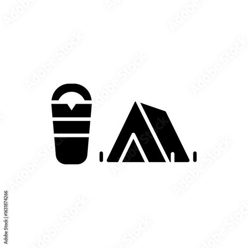 Black filled icon of sleeping bag next to tent for camping and outdoor overnight themes