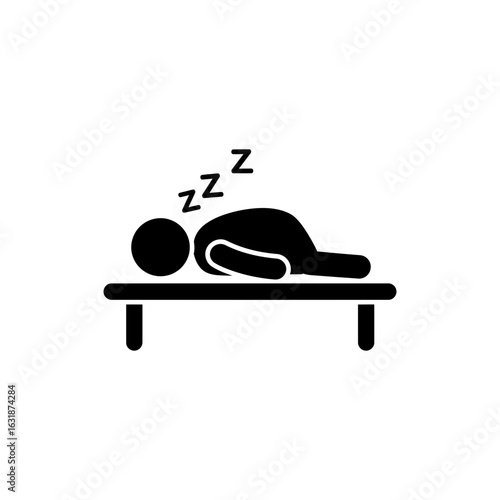 Sleeping person on bench black filled icon for travel fatigue and public rest