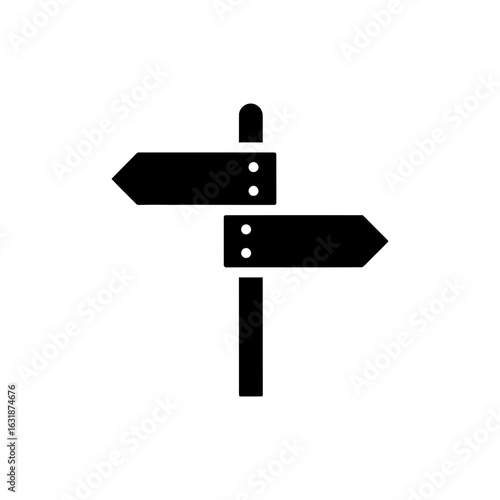 Black Filled Trail Sign with Arrows Icon, Hiking Direction Symbol, Outdoor Navigation Graphic, Adventure Path Illustration, Trekking Signpost Icon