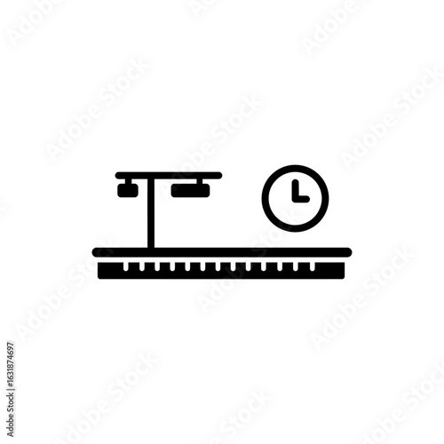 Black Filled Train Platform with Clock Icon, Transit Scheduling Symbol, Commuter Timing Graphic, Rail Station Illustration, Public Transport Concept