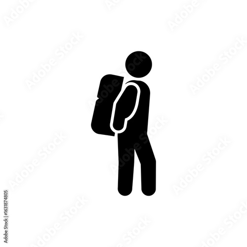 Black filled icon of traveler with backpack standing for solo travel and hiking adventure themes