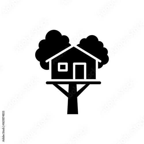 Treehouse Icon for Travelers, Eco Tourism Symbol, Adventure Lodging, Nature Stay, Black Filled Illustration
