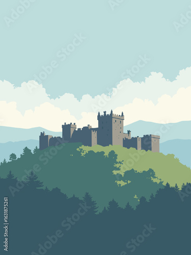 Stirling – Stirling Castle silhouette and Ochil Hills in fortress gray, hill green, sky blue, and mist white