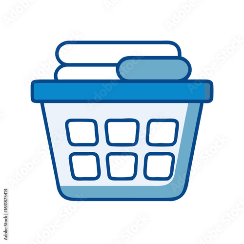 Laundry basket with stacked towels in simple blue design  