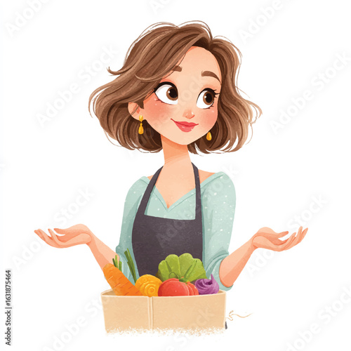 Cheerful Girl with Brown Hair and Produce Bag