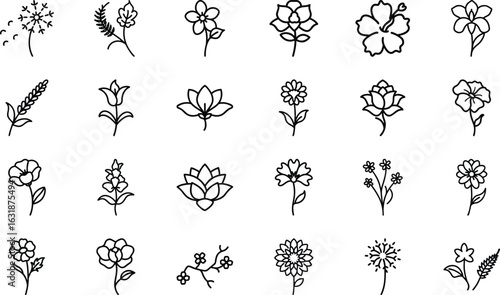 Hand-drawn flower icon bundle set with 24 unique floral illustrations in black line art style for design and decoration