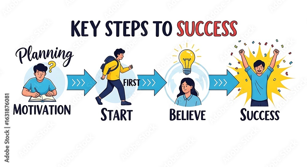 Obraz premium Illustration depicting key steps to success: motivation, start, believe and success