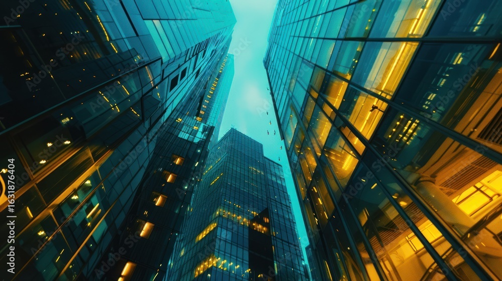 Fototapeta premium Modern cityscape view, gleaming glass structures reaching towards turquoise sky