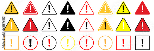 Caution warning signs set. attention vector icon, yellow, red and black fatal error message element, exclamation mark icon vector.