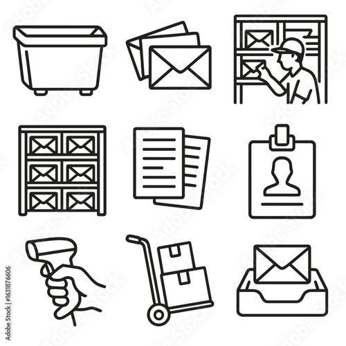Mailroom Icon Set. Outline style icons of Mailroom Scene: mail bin, stack of letters, worker sorting mail, mail shelves, delivery