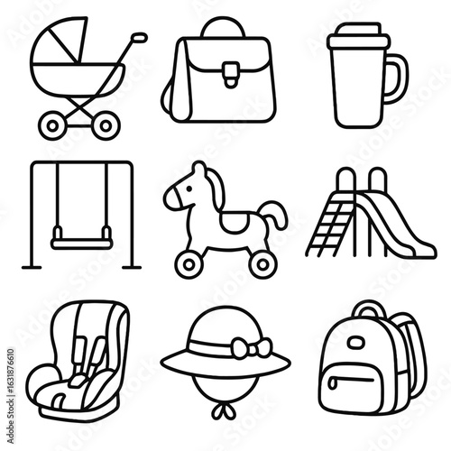 Toddler Outing Essentials. Outline style icons of Toddler Outing: stroller, diaper bag, travel cup, park swing, ride-on toy,