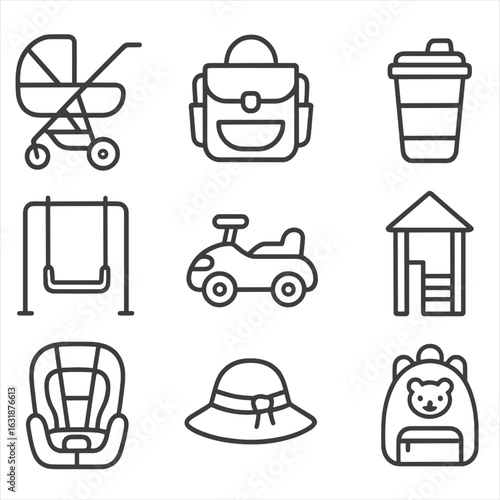 Toddler Outing Essentials. Outline style icons of Toddler Outing: stroller, diaper bag, travel cup, park swing, ride-on toy,