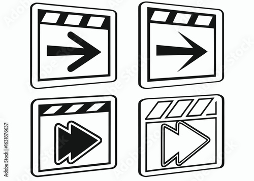 Film clapperboard with arrows illustration depicting play pause and forward functions for video content creation and editing