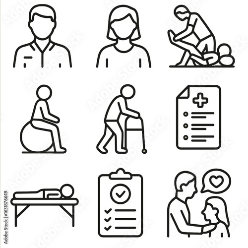 Rehabilitation Staff Icons. Outline style icons of Rehabilitation Staff: physical therapist, occupational therapist, therapist