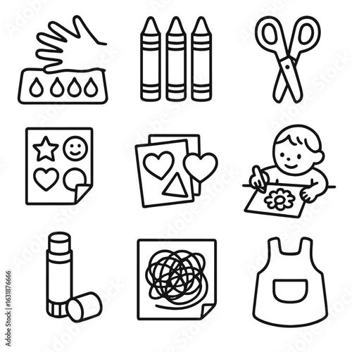 Toddler Craft Icons. Outline style icons of Toddler Crafts: finger paint, chunky crayons, safe scissors, sticker sheet, glue stick