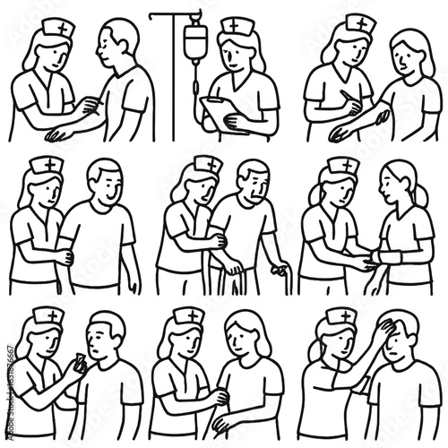Nurses in Action Icons. Outline style icons of Nurses in Action: nurse taking pulse, IV setup, charting in notebook, administering