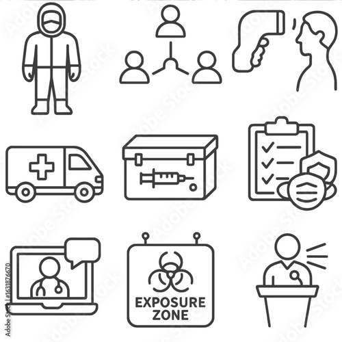 Pandemic Response Icons. Outline style icons of Pandemic Response Staff: hazmat suit, contact tracing chart, temperature screening